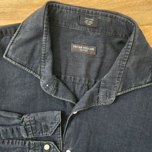 Peter Millar Collection Textured Cotton Denim Sport Shirt Fatigue Dark Blue XL